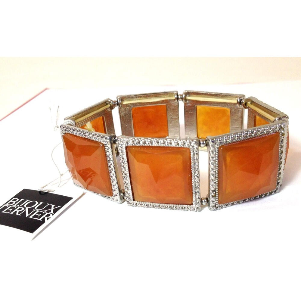 Bracelet With Amber Colored Squares Silver Tone Bijoux Turner Stretch New w/Tag